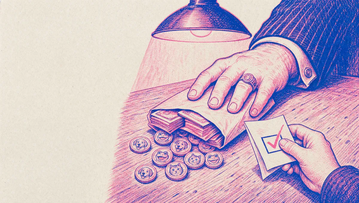 A hand in a pinstriped cuff slides an envelope of cash and memecoins across a table to a hand holding a ballot